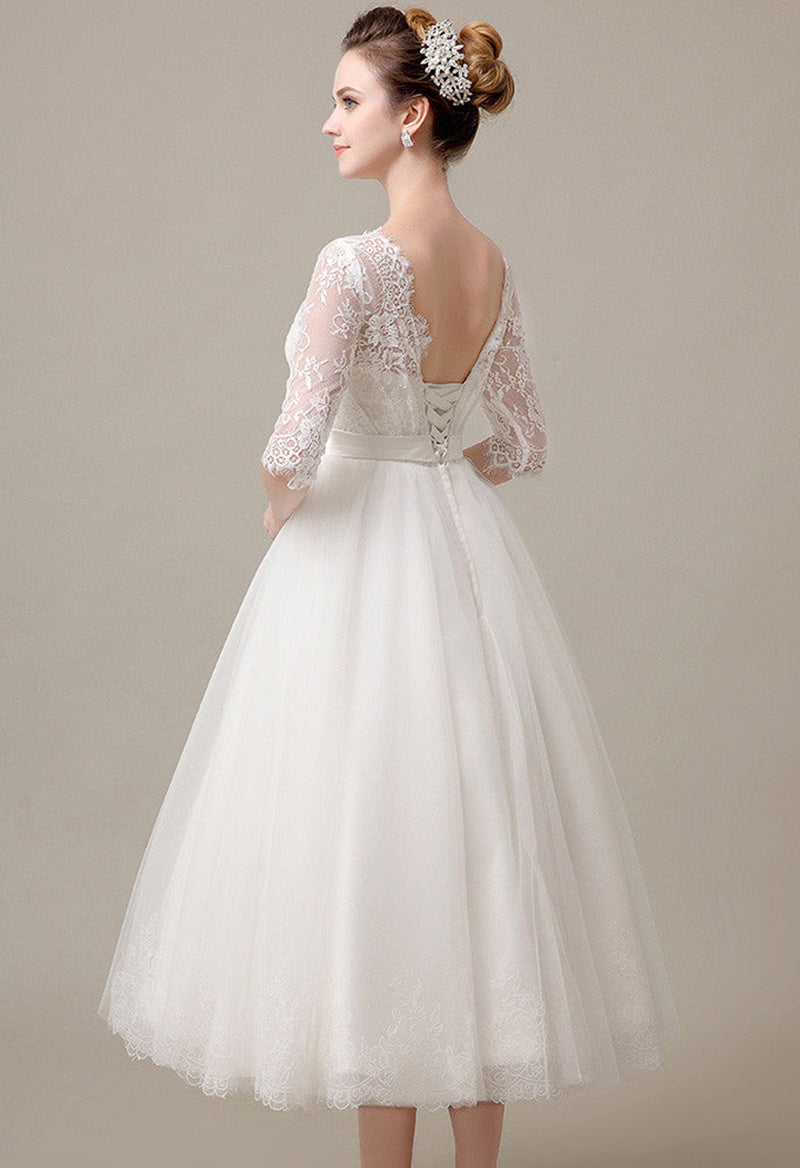Jewel Neck Half Sleeve Open Back Tulle Wedding Dress
