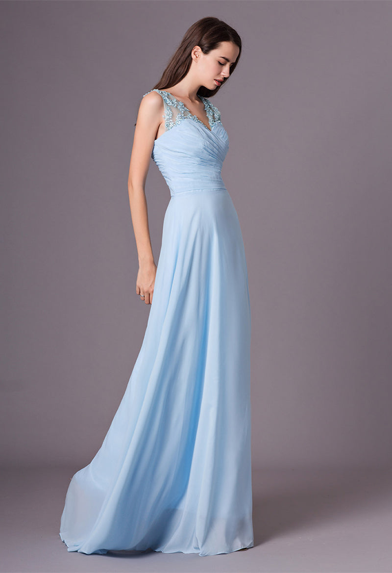 Lace Appliquéd Chiffon V-Neck Open Back Sleeveless Bridesmaid Dress