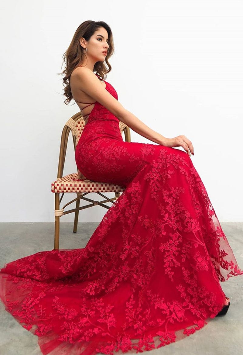 Mermaid Lace-Up Back Long Evening Dress with Lace Appliques