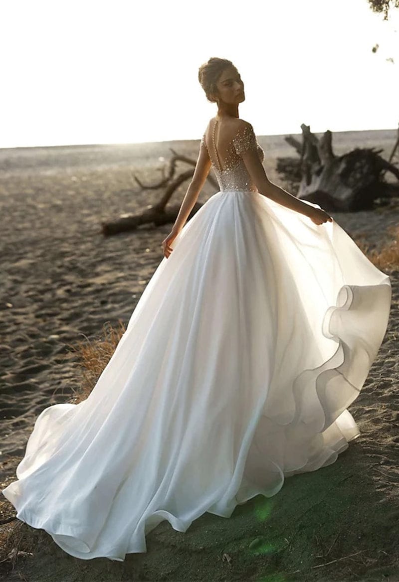 A-Line Short Sleeve Illusion Neck Chiffon Pleated Beaded Beach Wedding Dresses