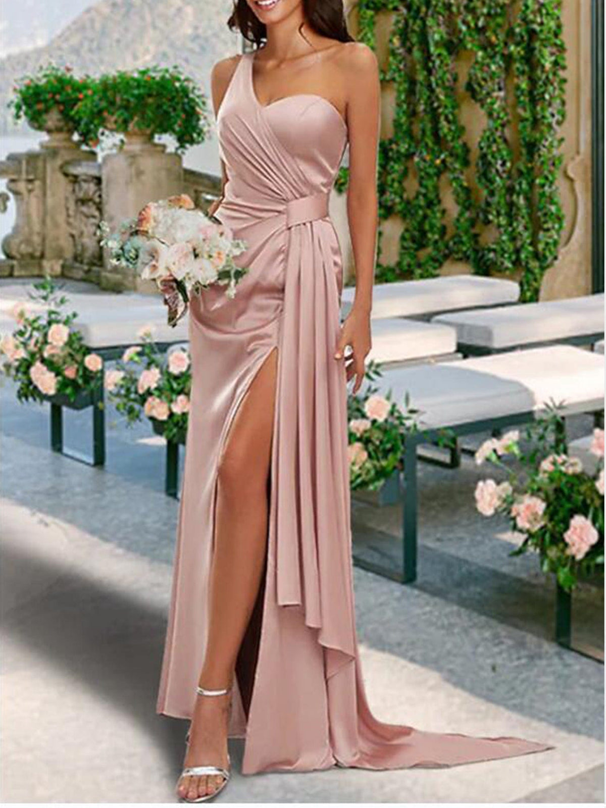 Bridesmaid Dress One Shoulder Sleeveless Sexy Sweep As Picture