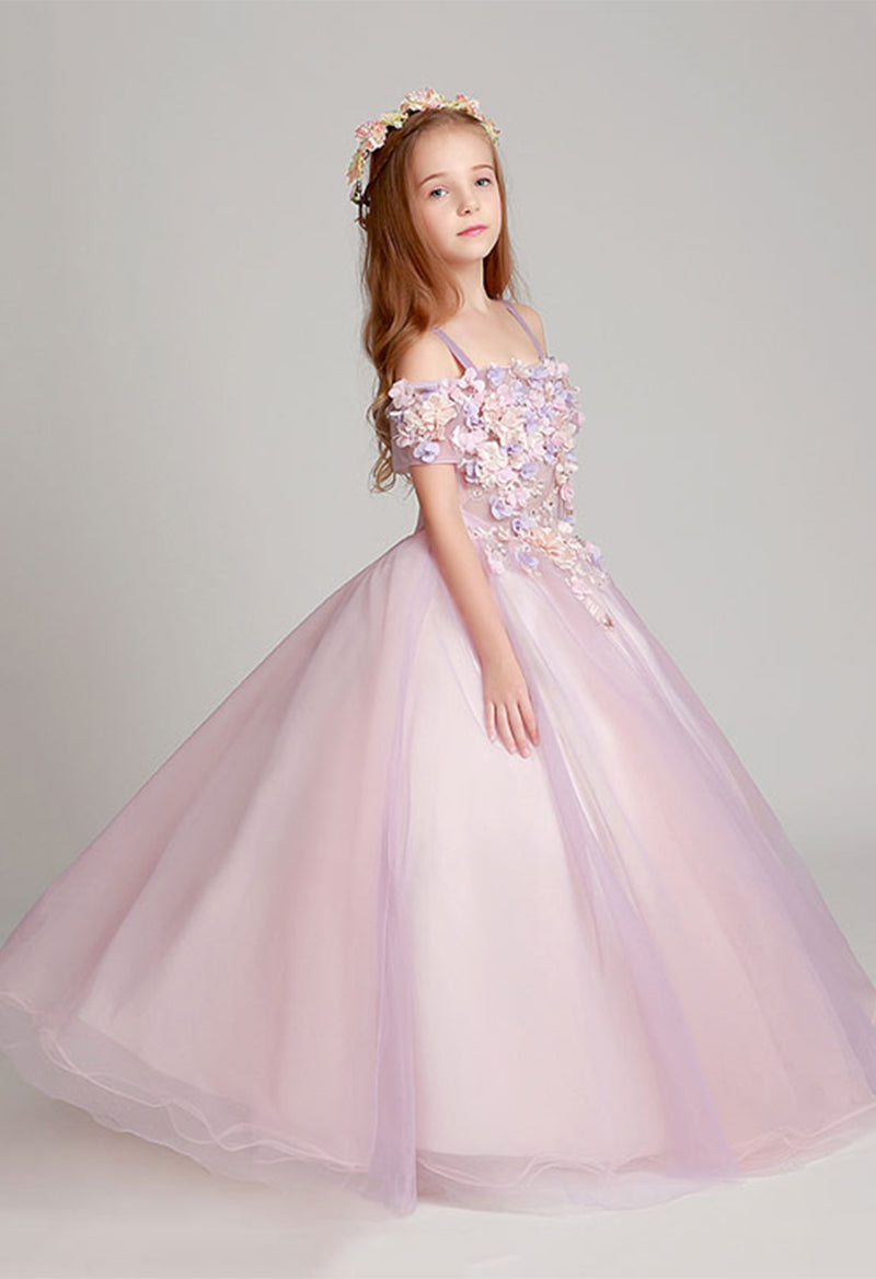 Tulle Flower Short Sleeve Princess Flower Girl Dress