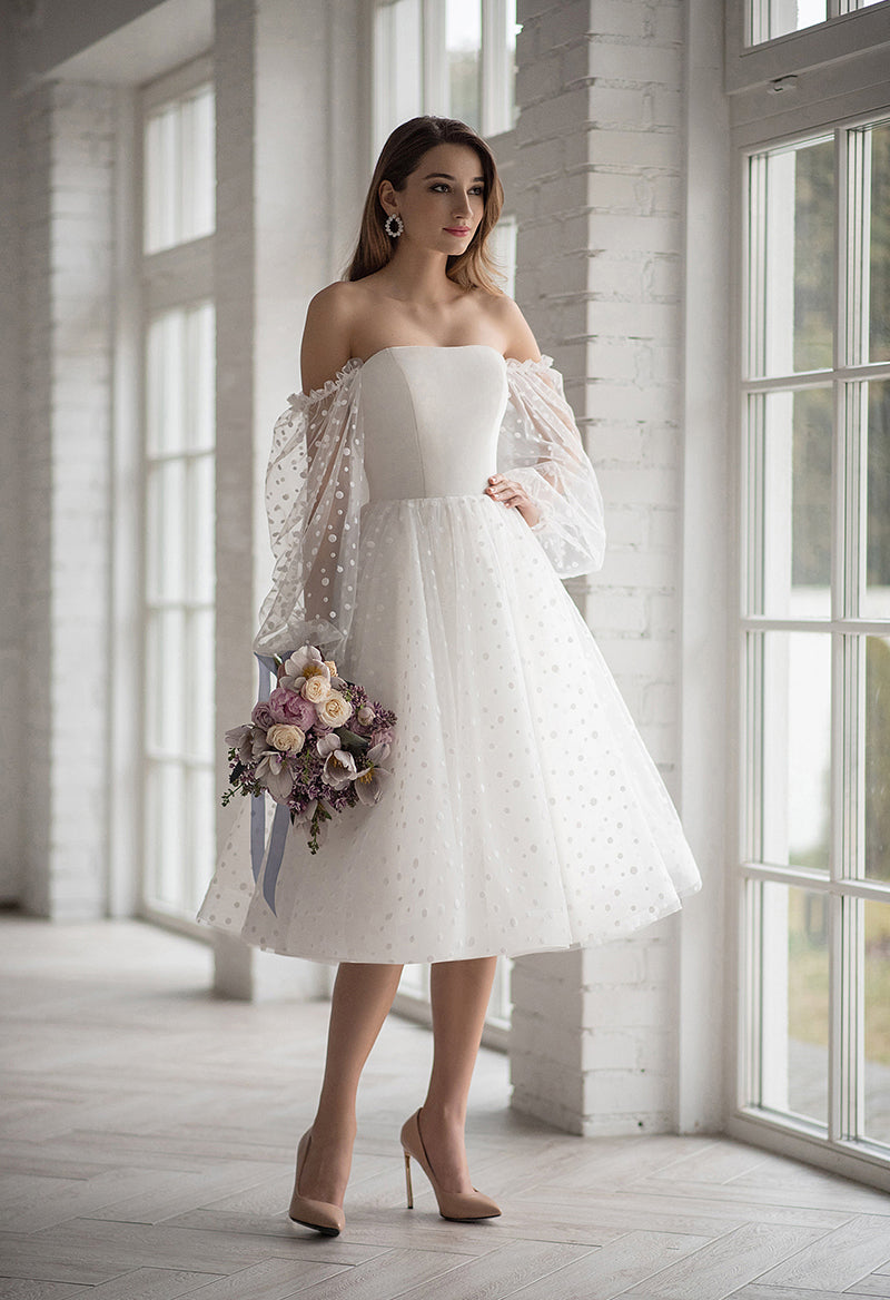 Polka Dot Puff Sleeve Off The Shoulder Wedding Dress As Picture