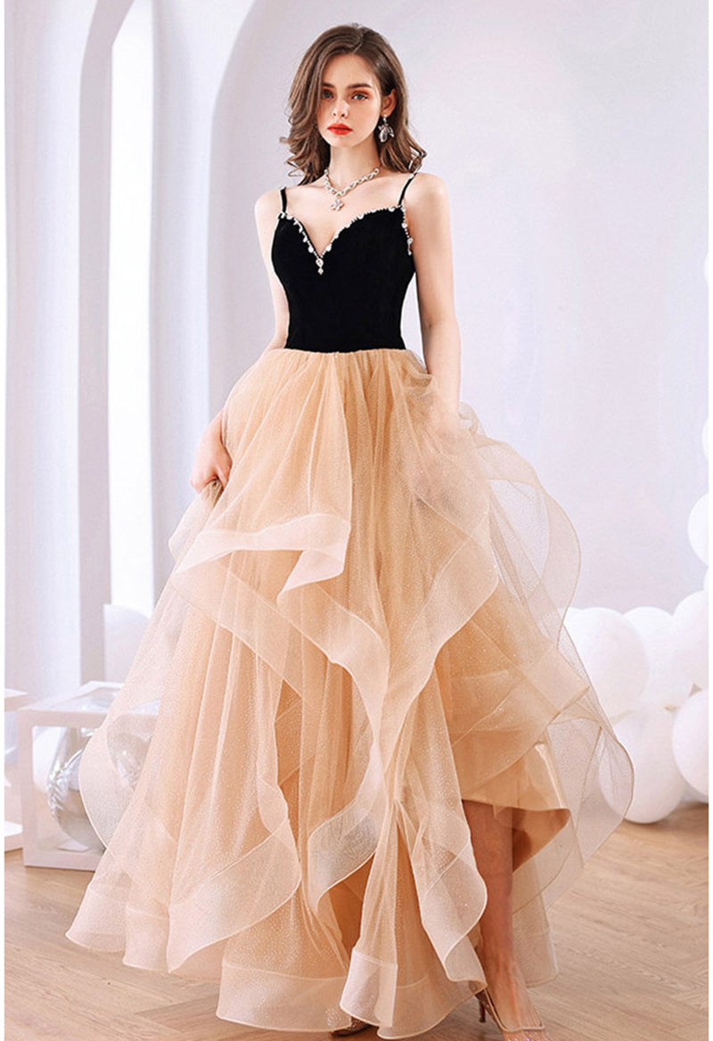 V Neck Sleeveless Organza Rhinestone Floor Length Prom Dress As Picture