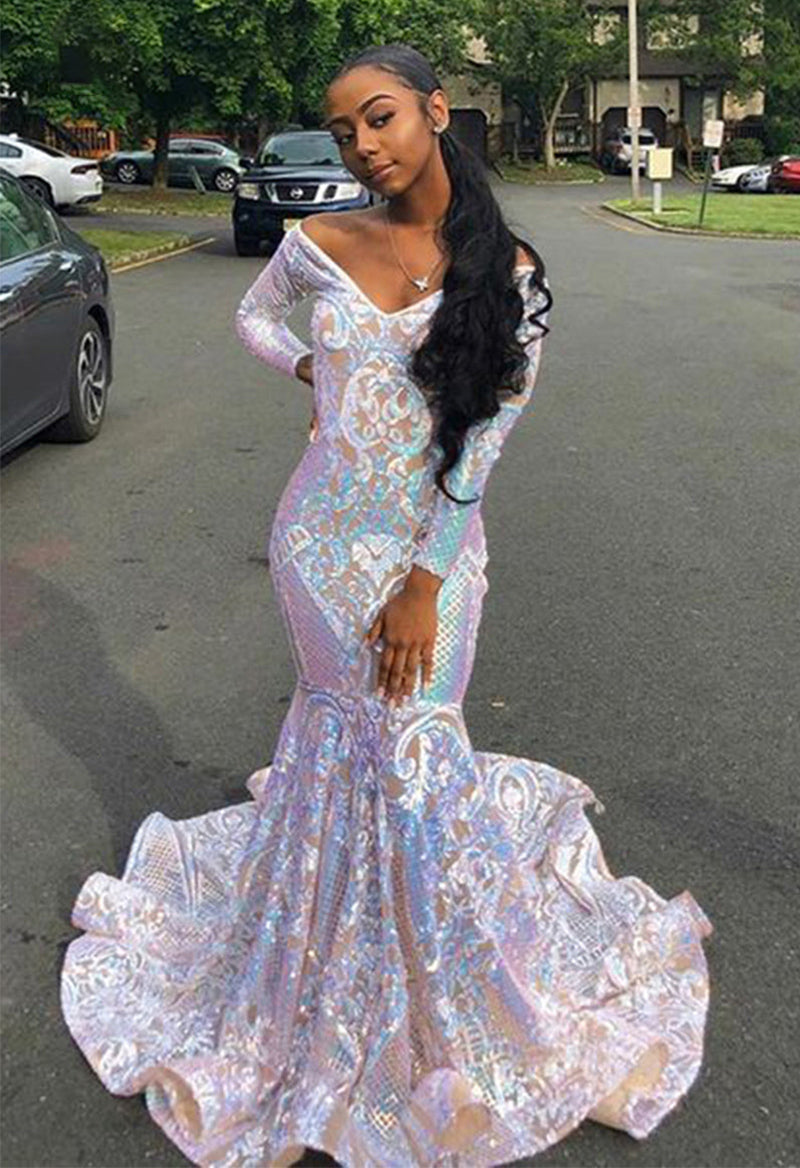 V Neck Mermaid Long Sleeve Sparkly Lace Prom Dress As Picture
