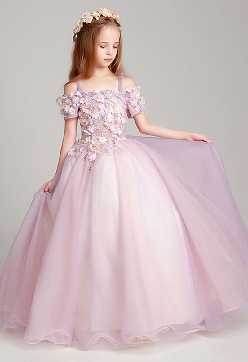 Tulle Flower Short Sleeve Princess Flower Girl Dress