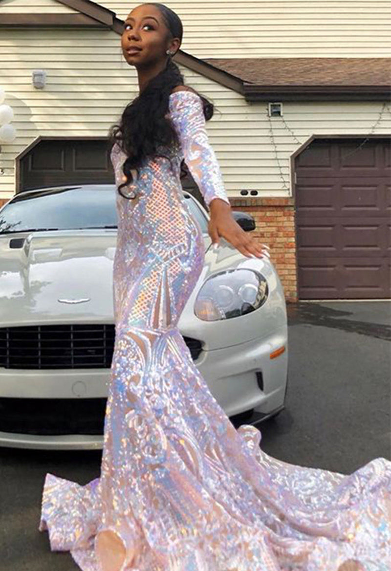 V Neck Mermaid Long Sleeve Sparkly Lace Prom Dress