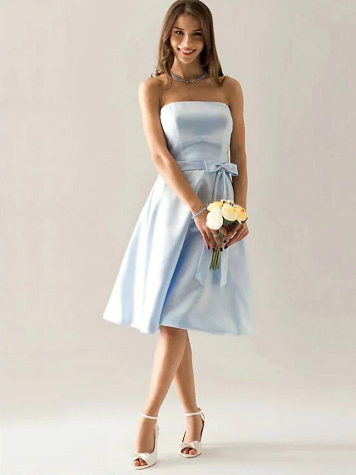 Knee Length Satin Bridesmaid Dress Strapless with Sash Bows As Picture