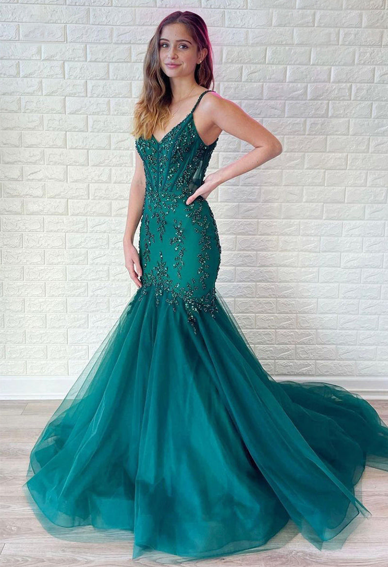 Mermaid Sleeveless Spaghetti Strap Beaded Evening Dress As Picture