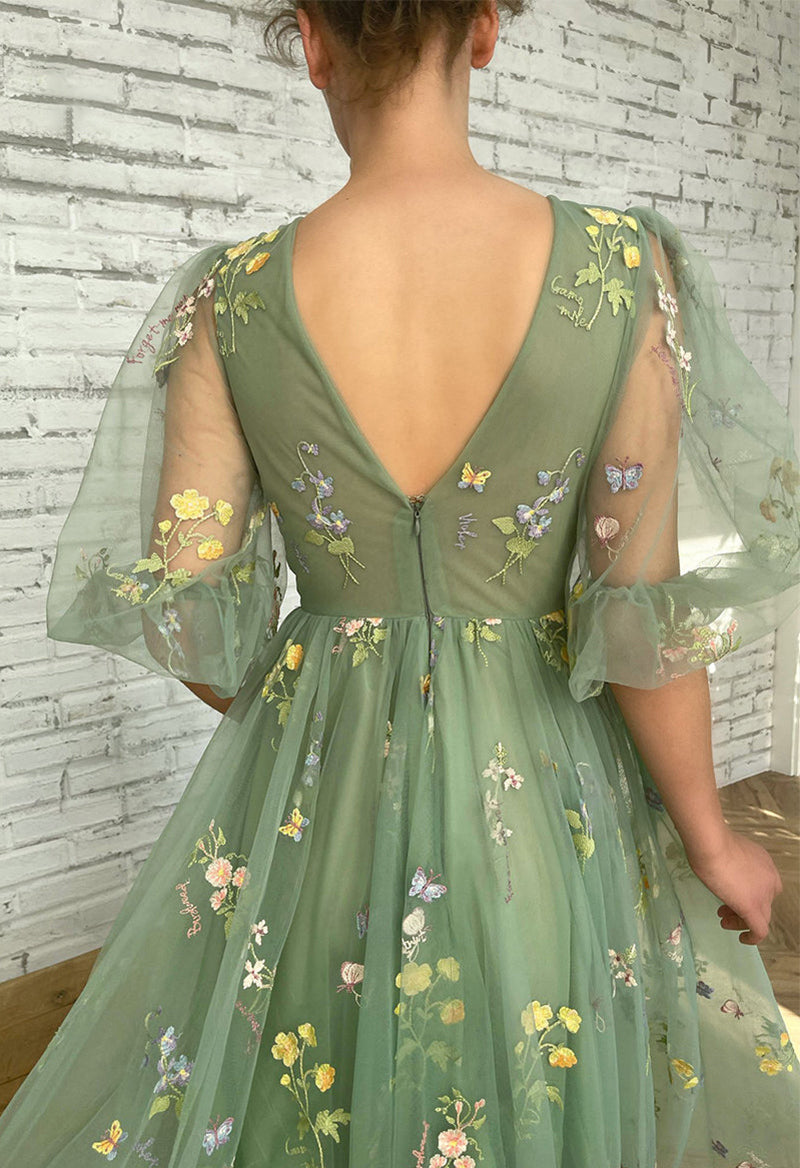 V Neck Flower Embroidery Puff Sleeve Floor Length Prom Dress