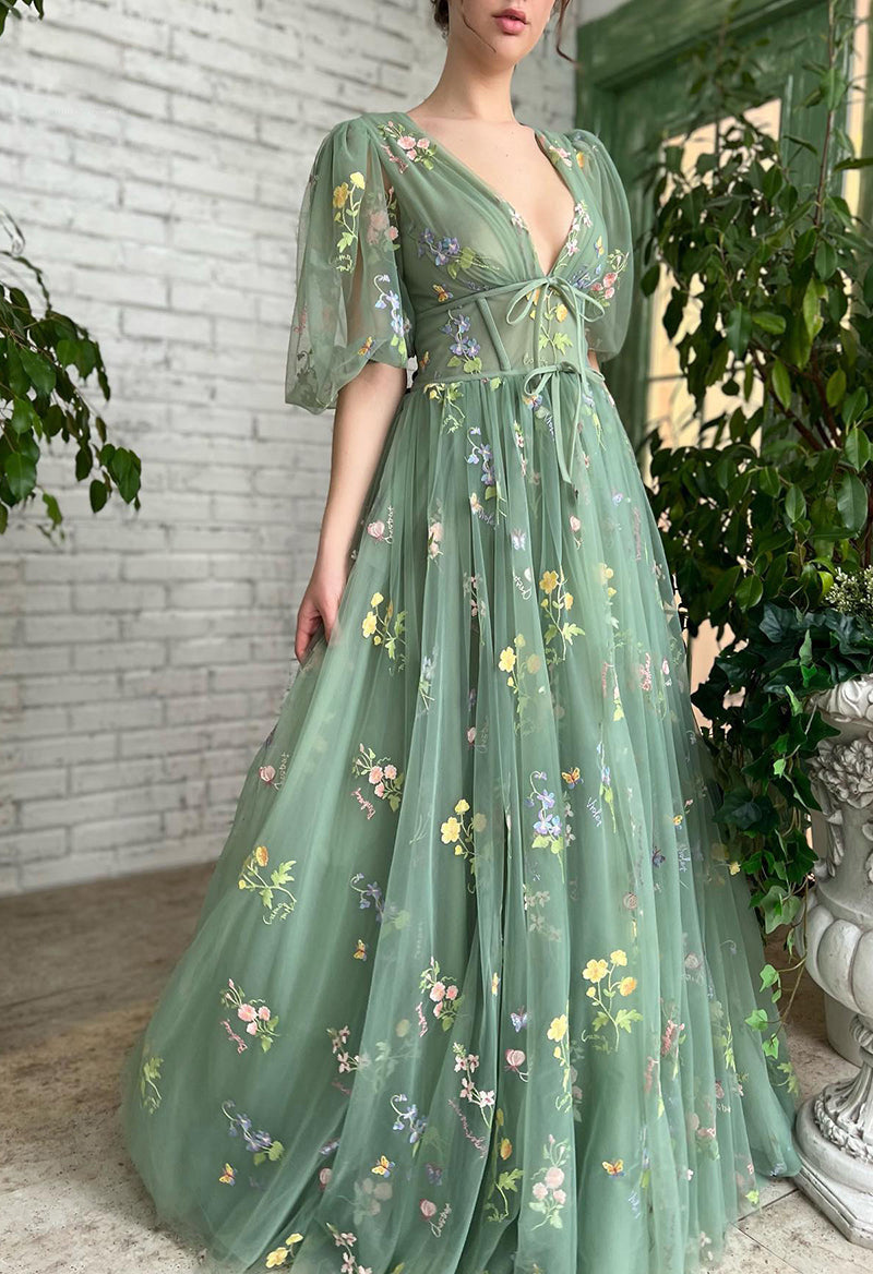 V Neck Flower Embroidery Puff Sleeve Floor Length Prom Dress As Picture
