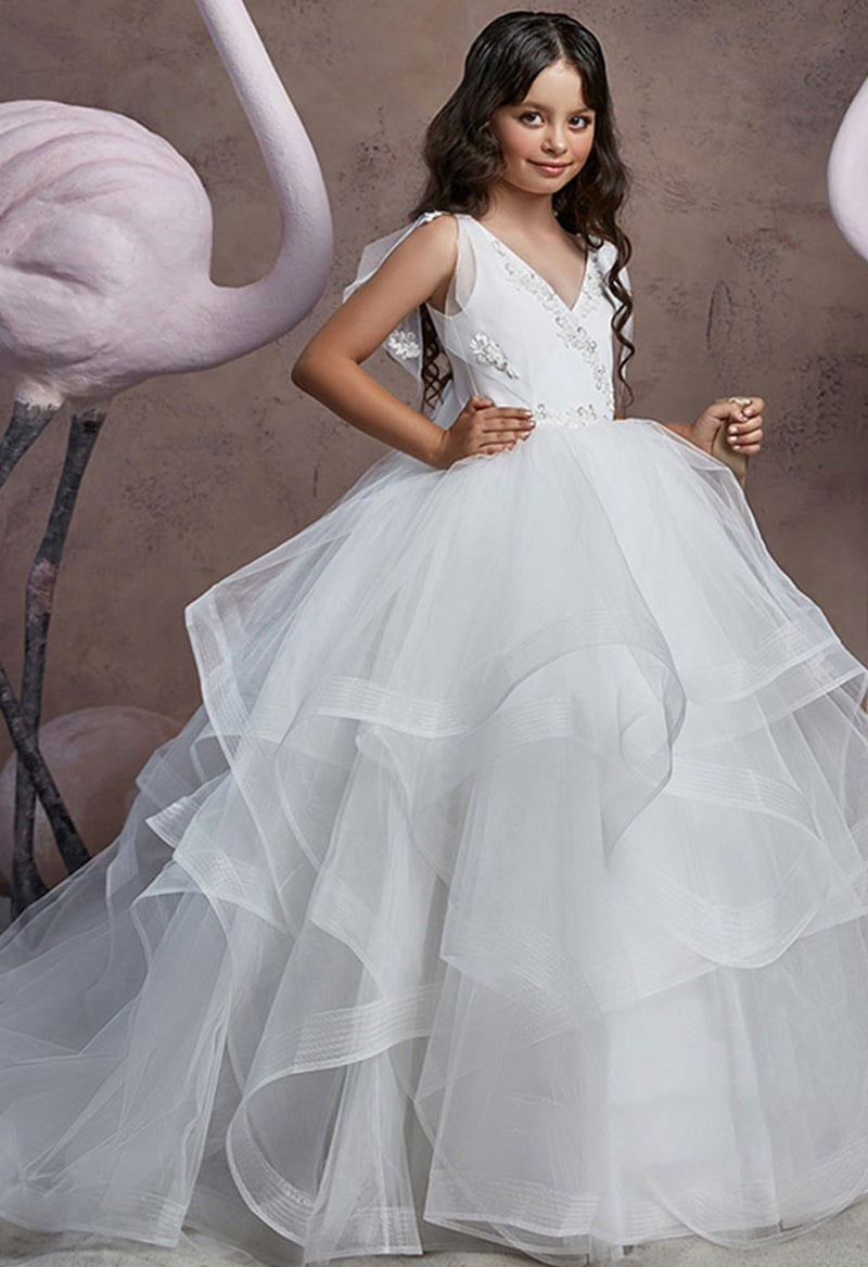 Satin Organza V-Neck Sleeveless Social Party Flower Girl Dress As Picture