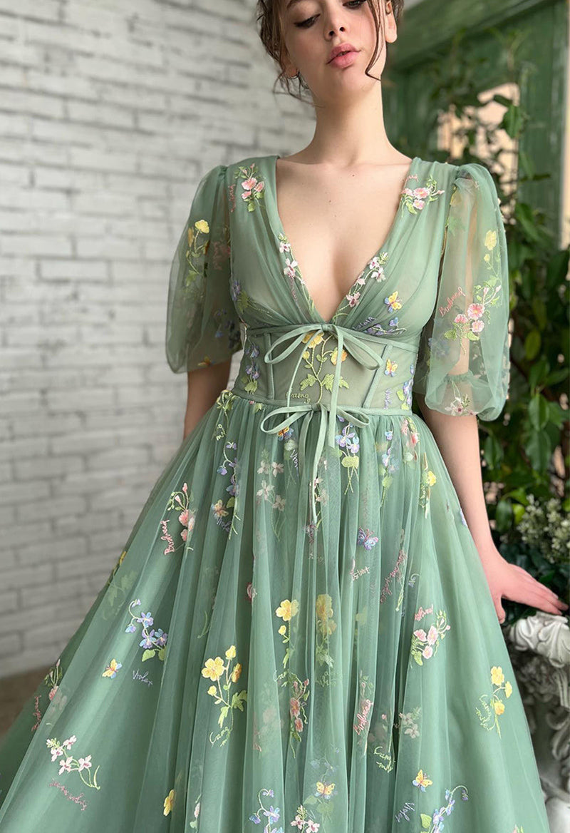 V Neck Flower Embroidery Puff Sleeve Floor Length Prom Dress