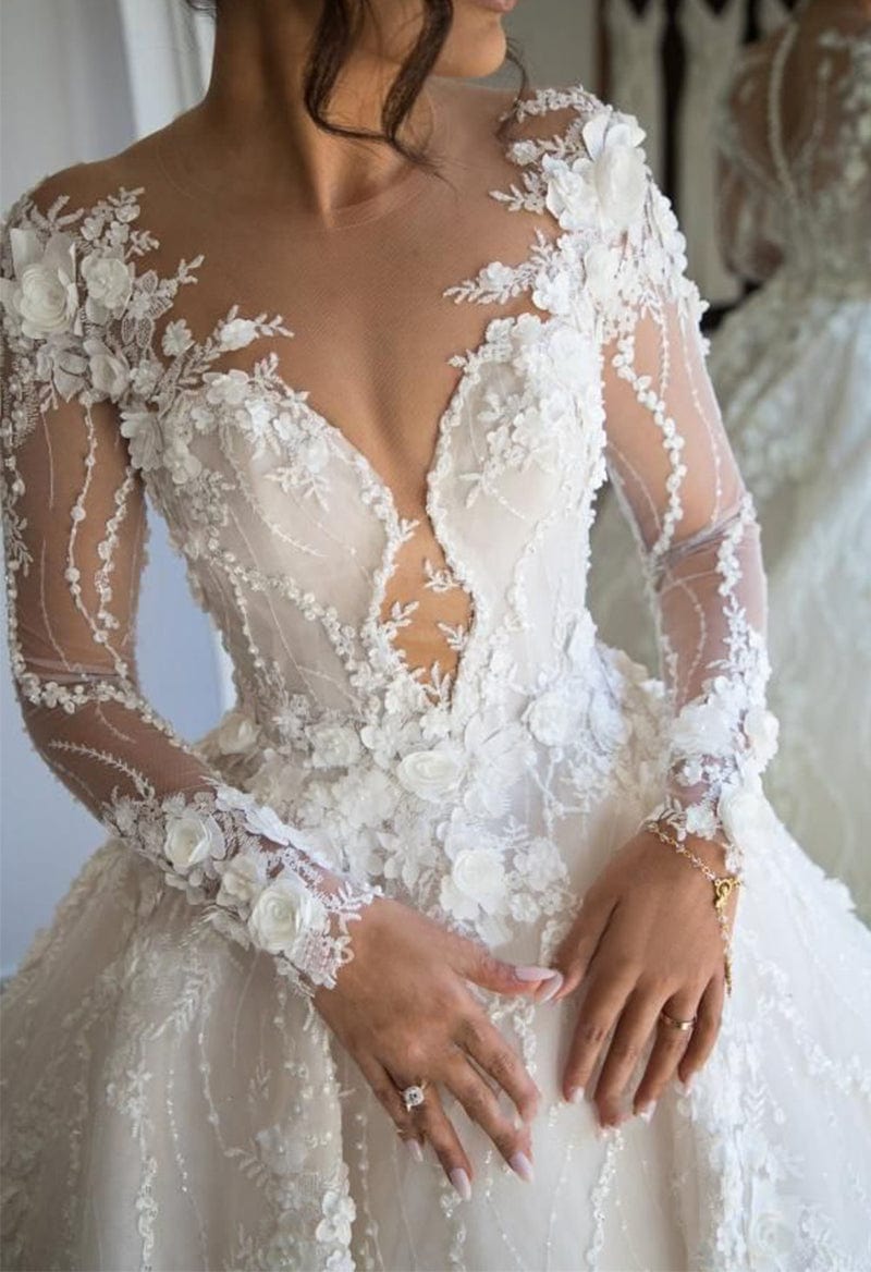 Luxury Flowers Appliqued Long Sleeve Ball Gown Wedding Dress