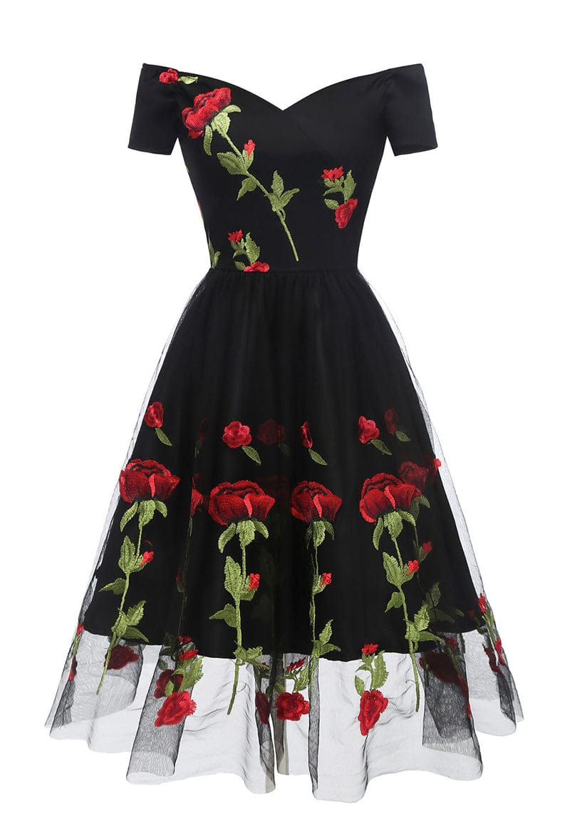 Retro Floral Embroidery Off the Shoulder Tulle Midi Dress