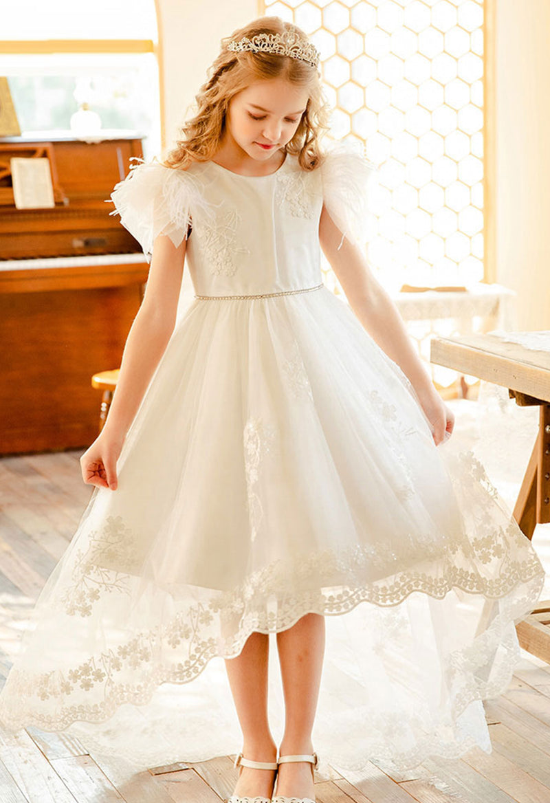 Tea Length High And Low Bow Lace Social Party Flower Girl Dress