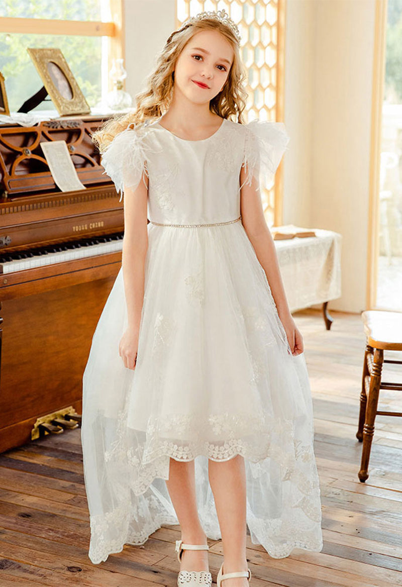 Tea Length High And Low Bow Lace Social Party Flower Girl Dress
