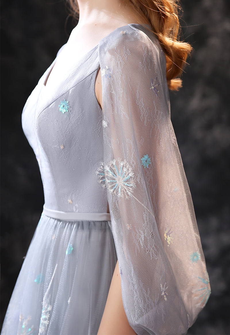 Sequined Fringed Sleeve Jewel Neck Prom Dress