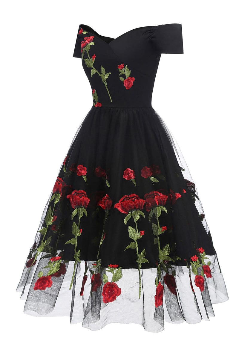 Retro Floral Embroidery Off the Shoulder Tulle Midi Dress