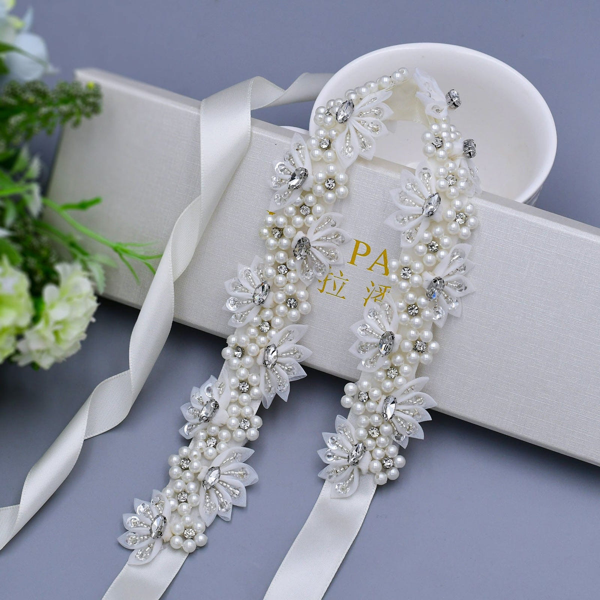 Ribbons Wedding Sash With Imitation Pearl S232