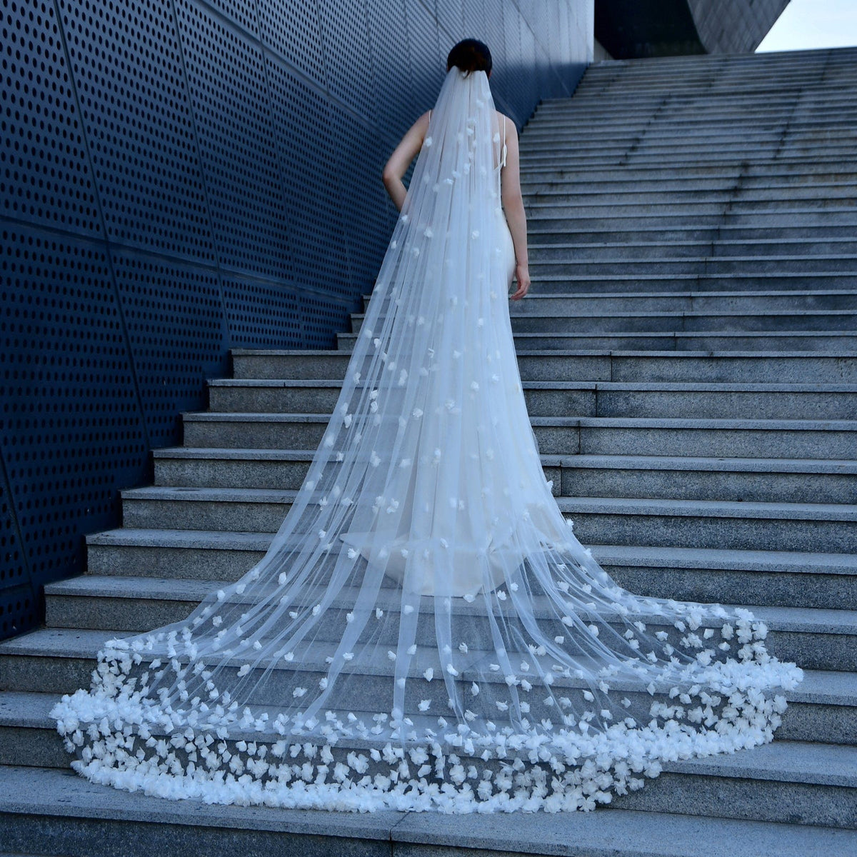 One-Tier Lace Tulle Cathedral Veils 3D Appliques V93
