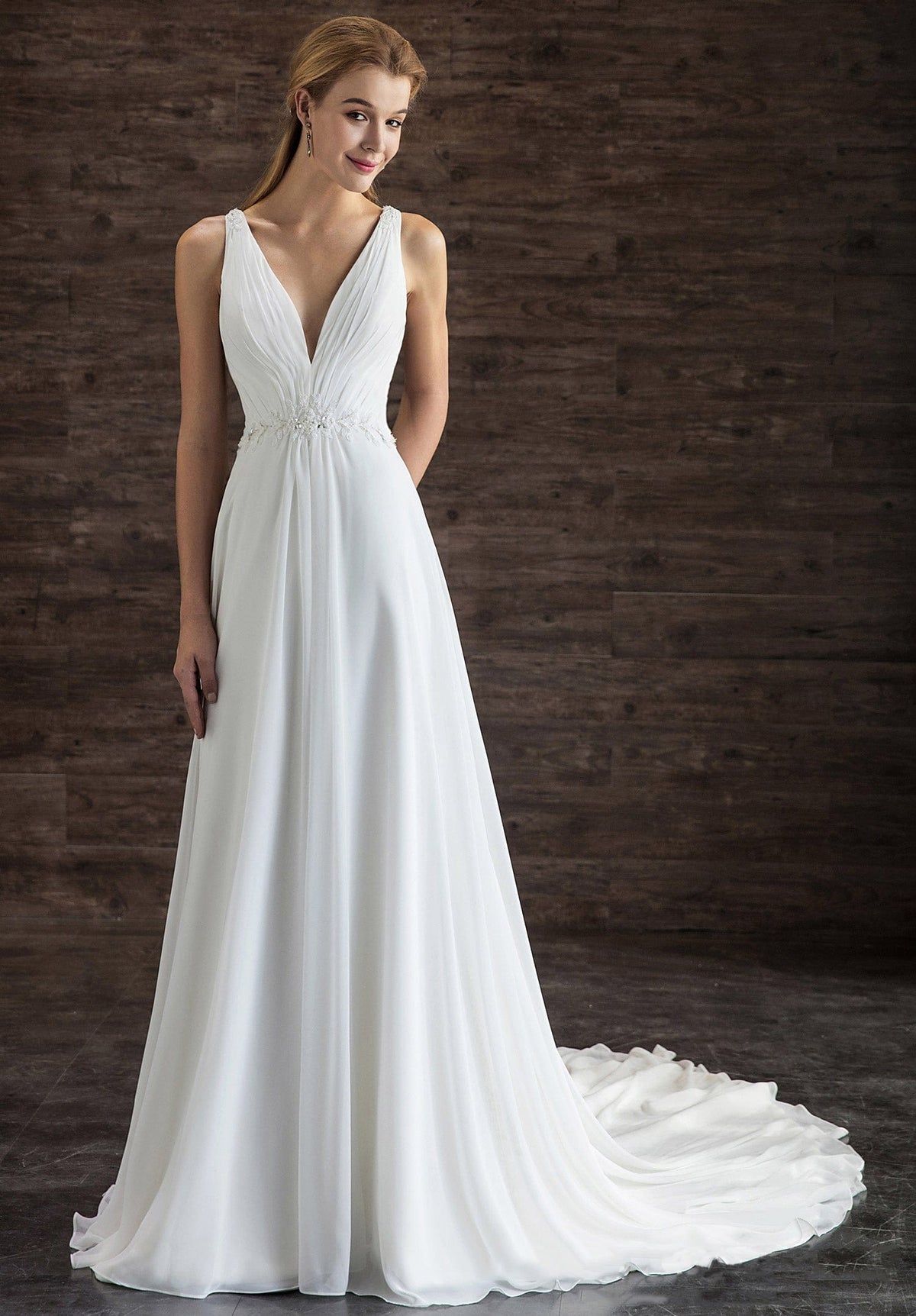 Chiffon Wide Strap Pleated Simple Wedding Dress With Lace As Picture