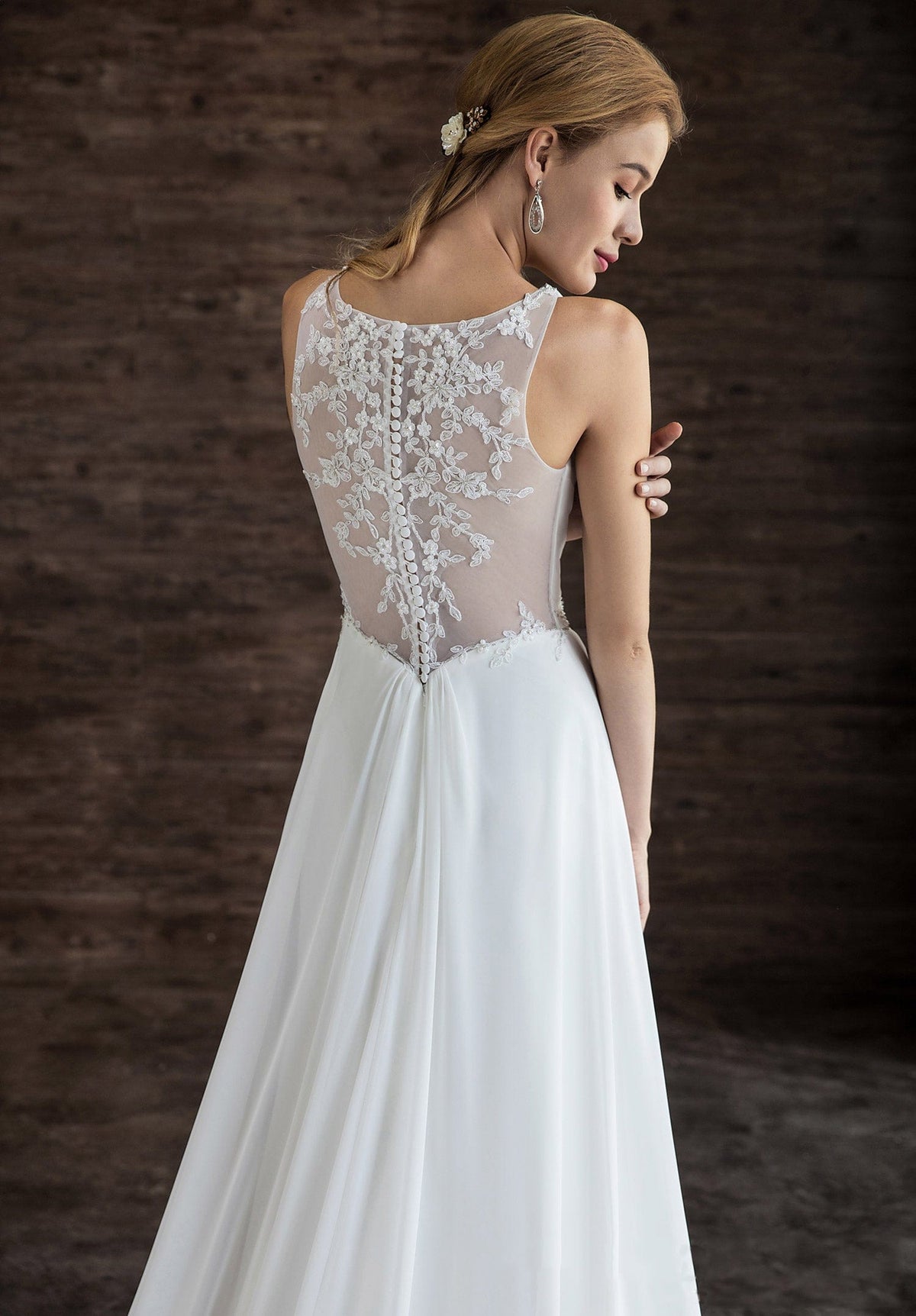 Chiffon Wide Strap Pleated Simple Wedding Dress With Lace