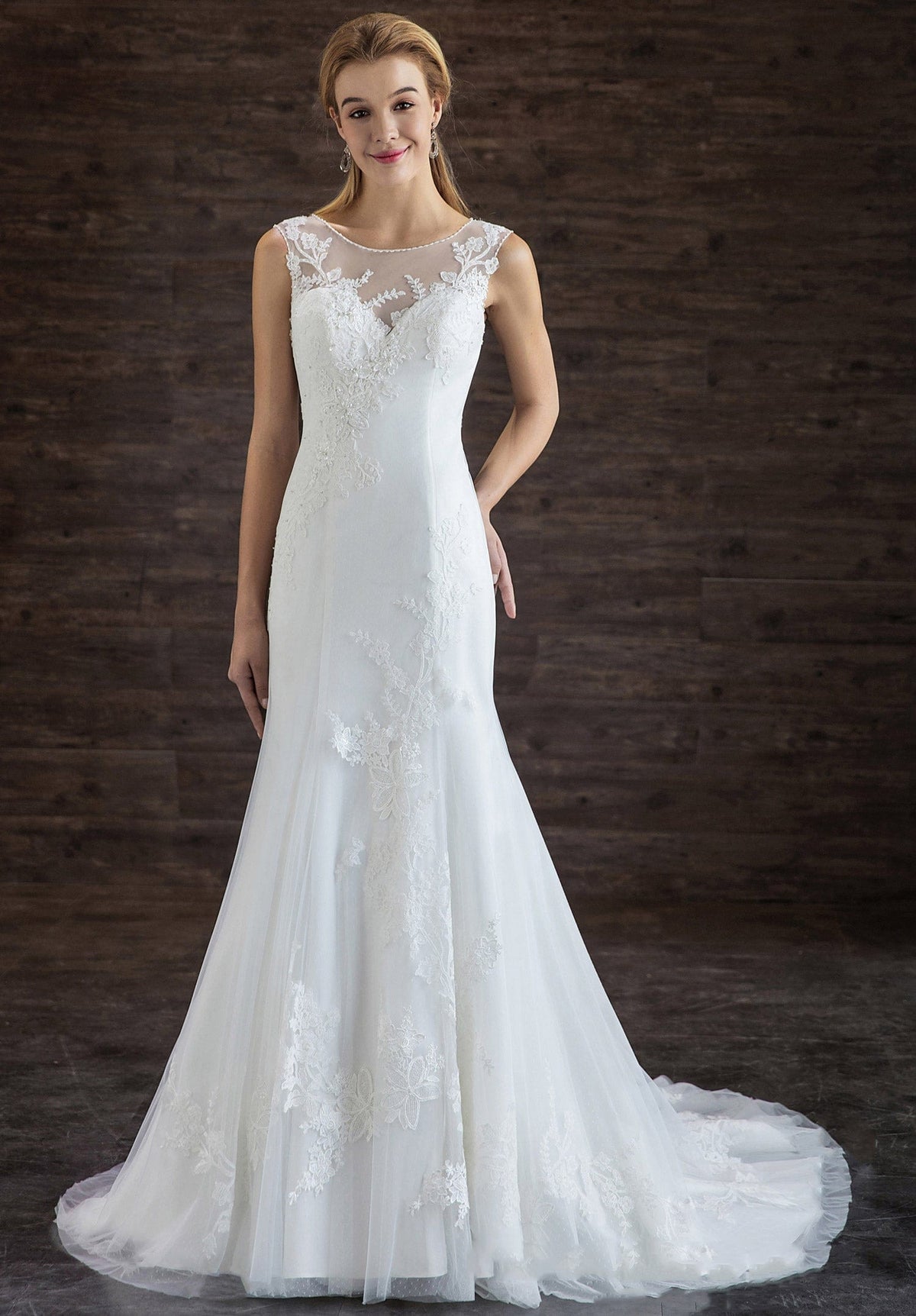 Elegant Illusion Neck With Floral Lace Mermaid Wedding Dress As Picture
