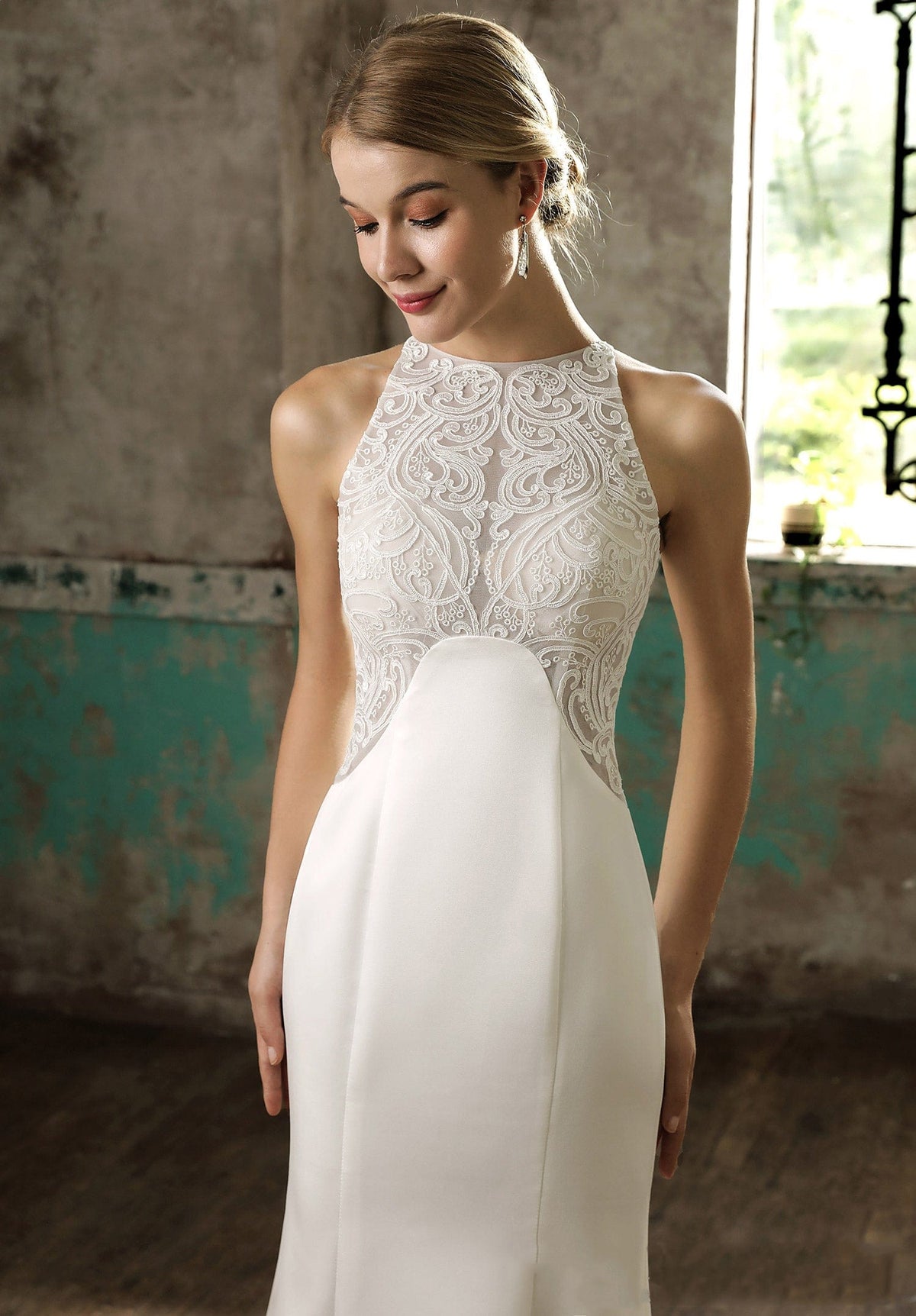 Crepe Halter Unique Fit and Flare Wedding Dress