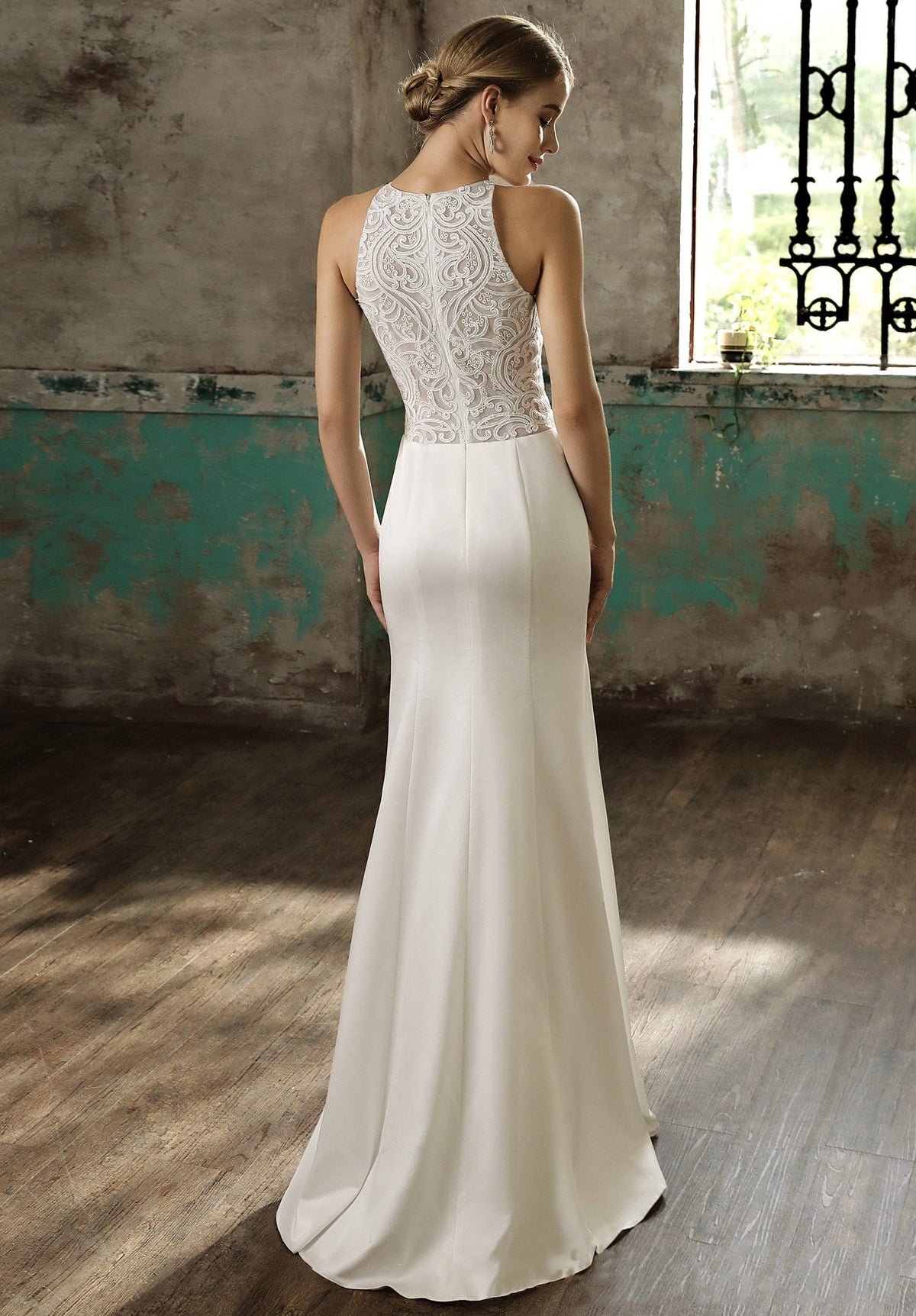 Crepe Halter Unique Fit and Flare Wedding Dress