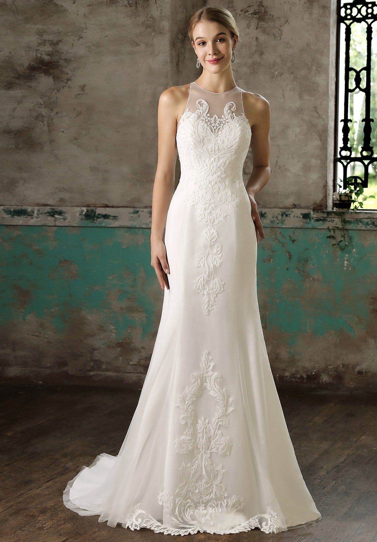 Overskirt Jewel Illusion Neckline Sheath Ivory Wedding Dress As Picture