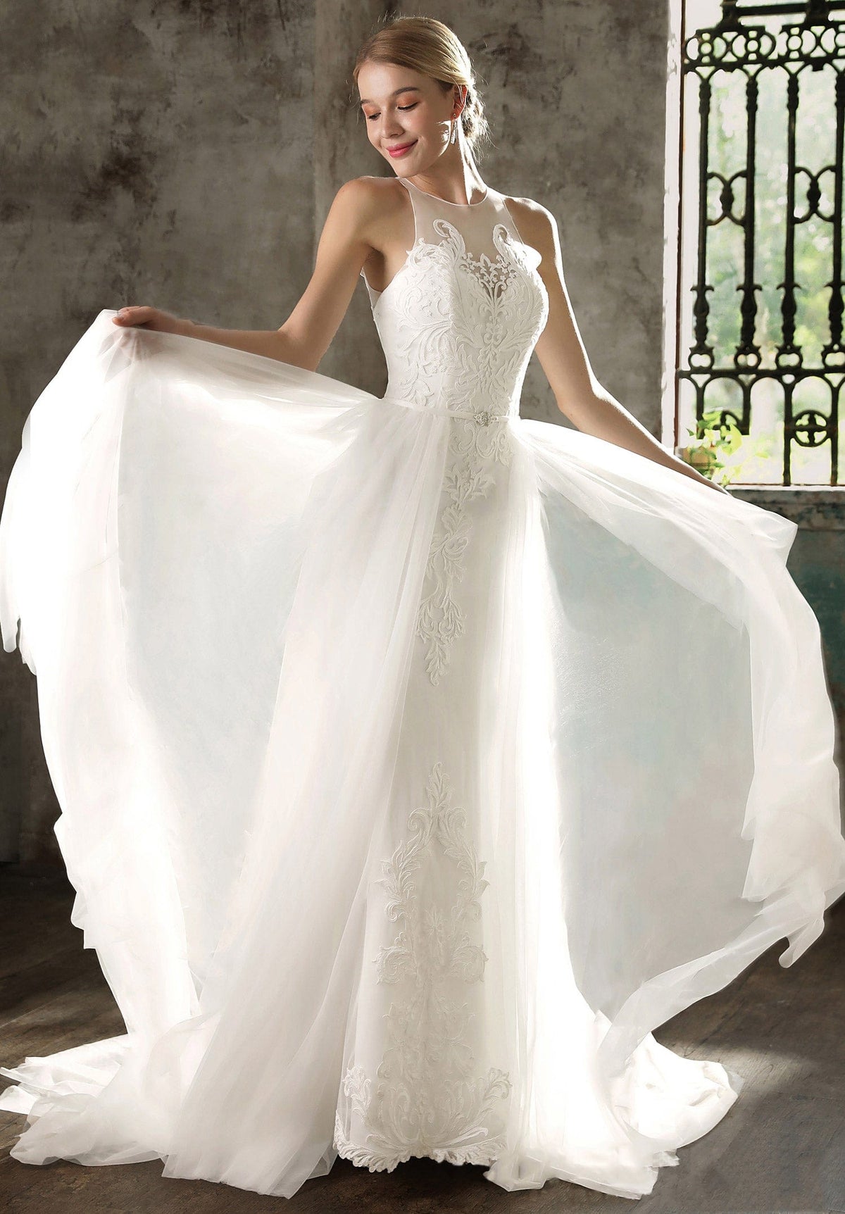 Overskirt Jewel Illusion Neckline Sheath Ivory Wedding Dress