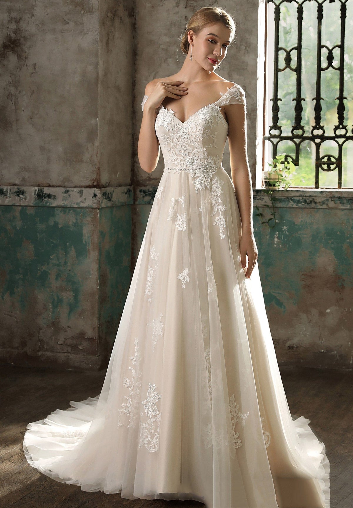 Detached Sleeve Champagne Lace Aline Wedding Dress As Picture