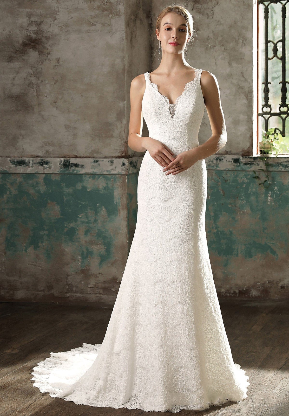 Plunging Neck Wide Strap Fit and Flare Elegant Wedding Dress As Picture