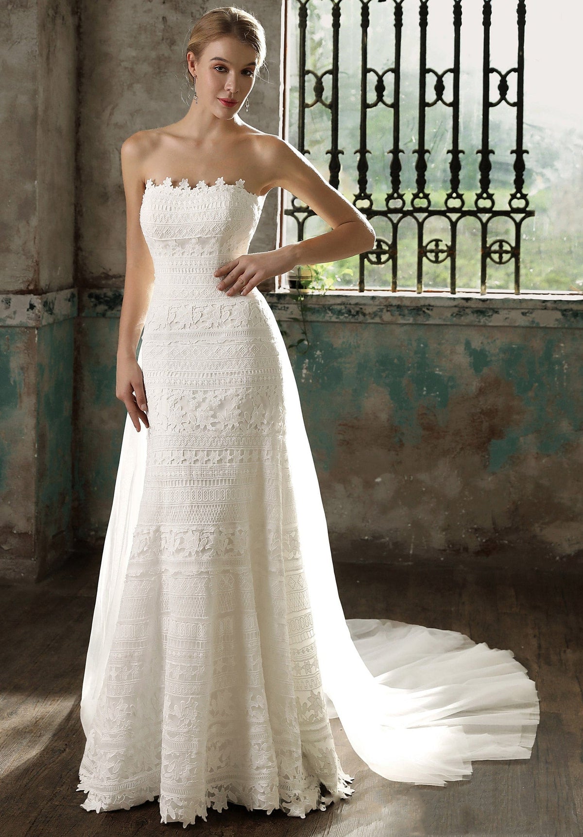 Elegant Straight Across Lace Sheath Overskirt Wedding Dress As Picture