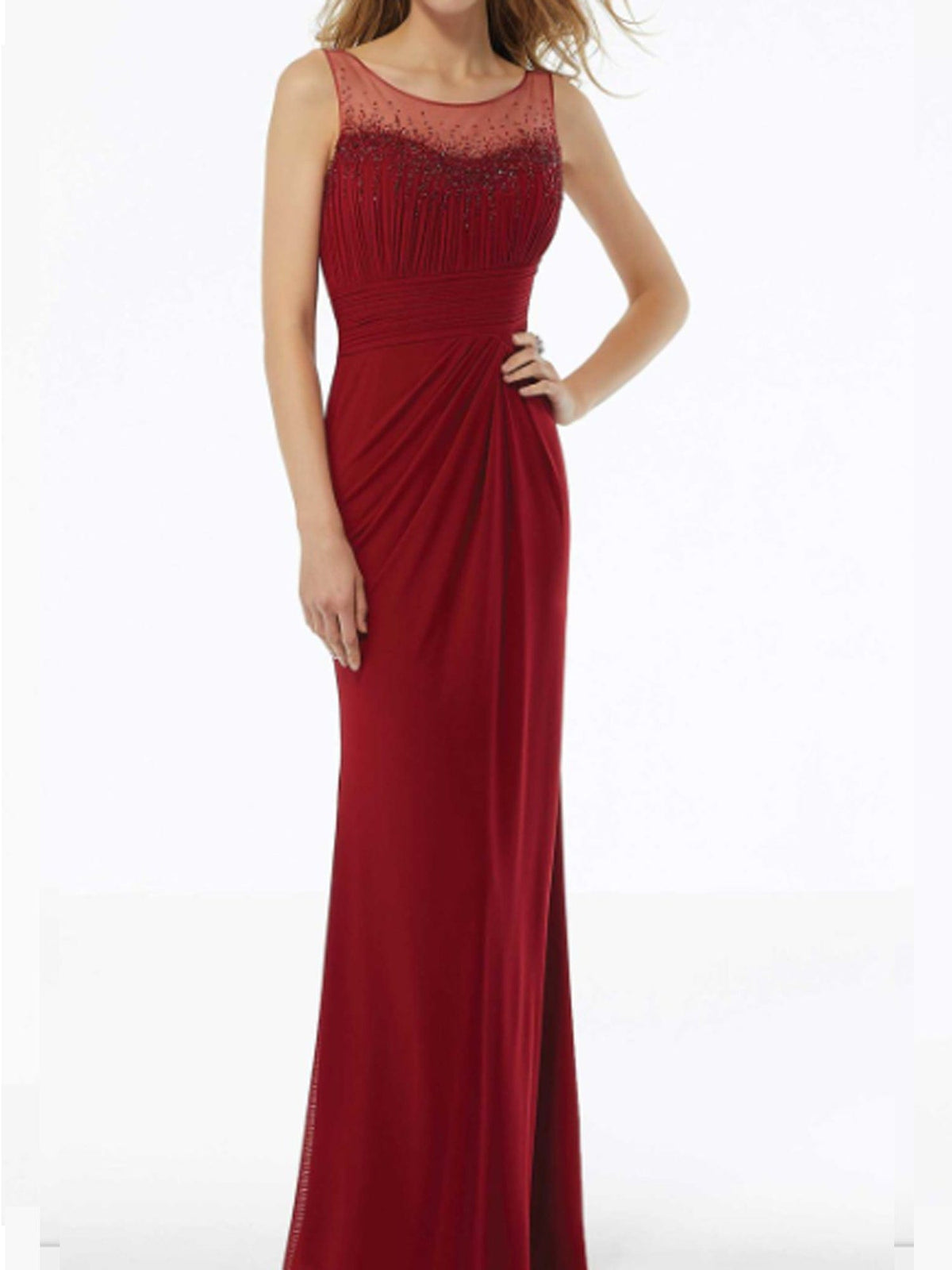 Illusion Neckline Fit and Flare Modern Beads Mother of The Bride Dress Red