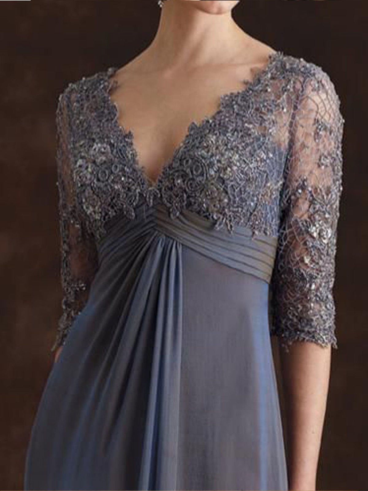 Grey V Neck Lace Mother of The Bride Dress