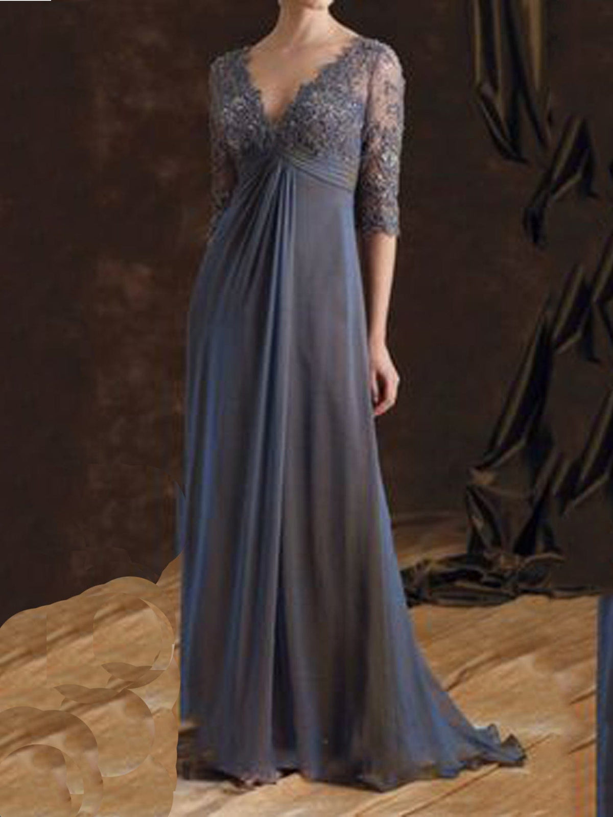 Grey V Neck Lace Mother of The Bride Dress As Picture