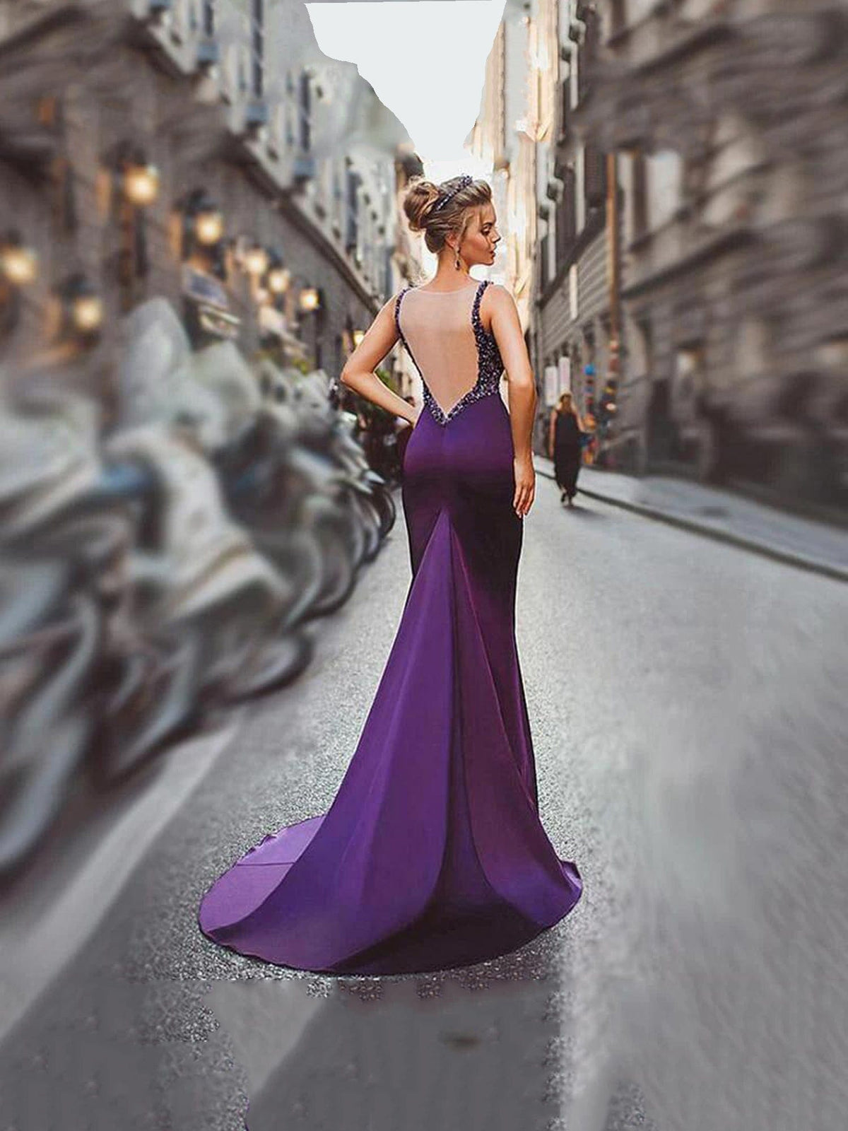 Purple Elegant Fit and Flare Open Back Red Carpet Dress